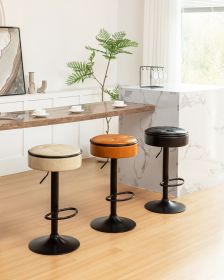 Round Storage Bar Stool Set of 2, Khaki Faux Leather Height Adjustable Barstool, 360¬∞Counter Height Swivel Stool